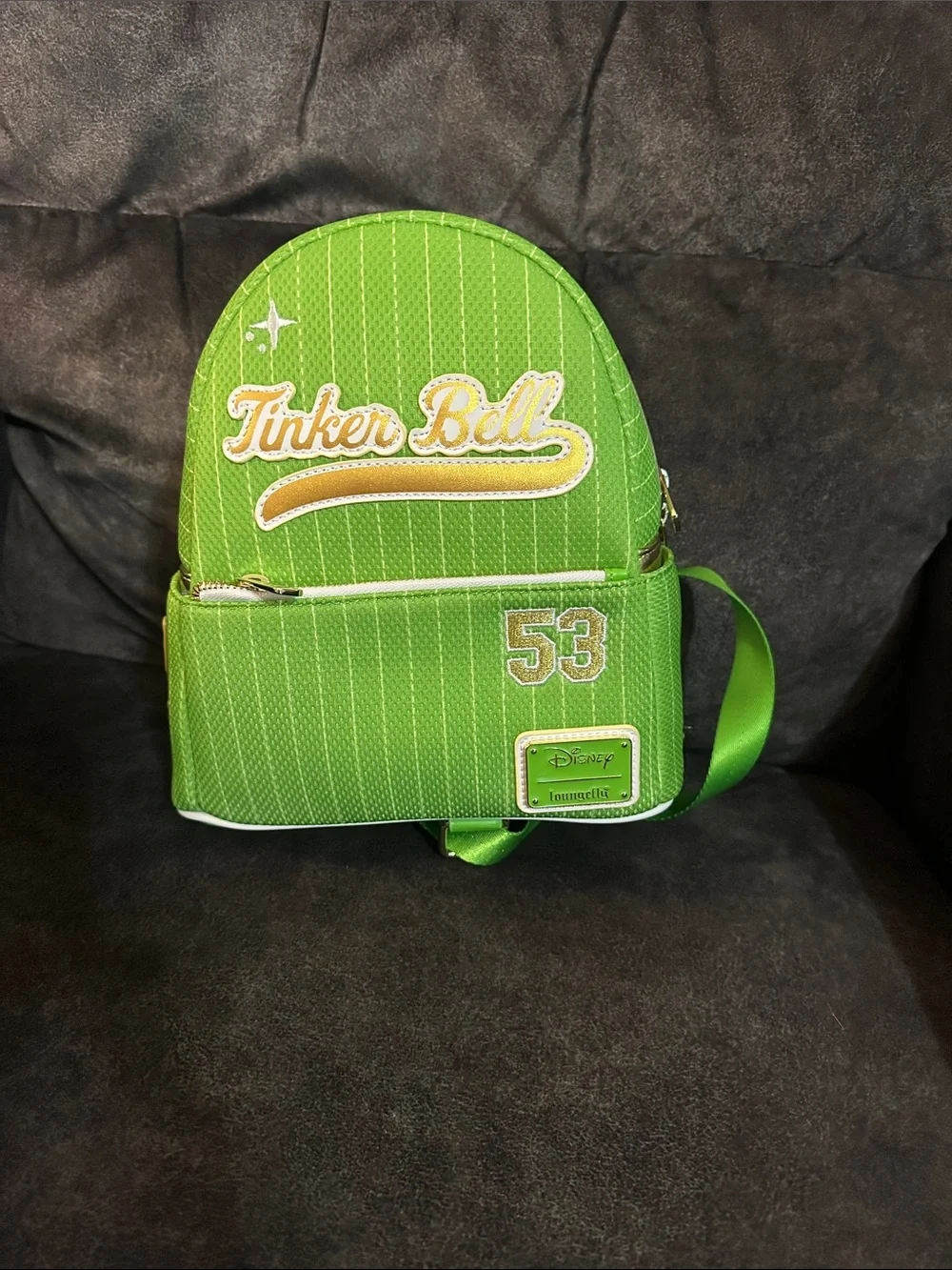 Loungefly Tinker Bell Jersey Bright Green Mini Backpack with Gold Accents